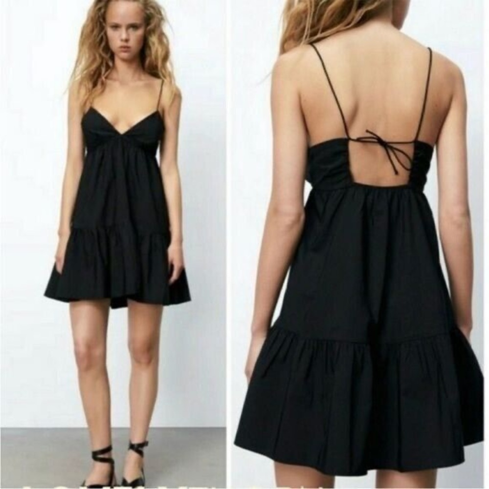 New Zara Black Poplin Ruffle Tiered Tie Back CutOut Cami Mini Babydoll Dress XS - Picture 2 of 3